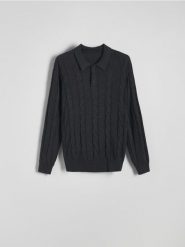 Sweter polo z długim rękawem - szary. Szare swetry męskie Reserved, l, bez wzorów, z dzianiny, bez kołnierzyka. W wyprzedaży za 89.99 zł.