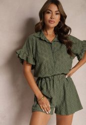 Ciemnozielony Komplet Krótkie Spodenki i Wiązana Koszula Fredefia. Zielone koszule damskie Renee, bez wzorów, eleganckie. Za 129.99 zł.