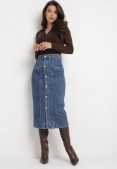 Niebieska Ołówkowa Spódnica Jeansowa Midi z Guzikami Kandela. Niebieskie spódniczki damskie Born2be, xs, bez wzorów, z jeansu, midi, ołówkowe. Za 59.99 zł.