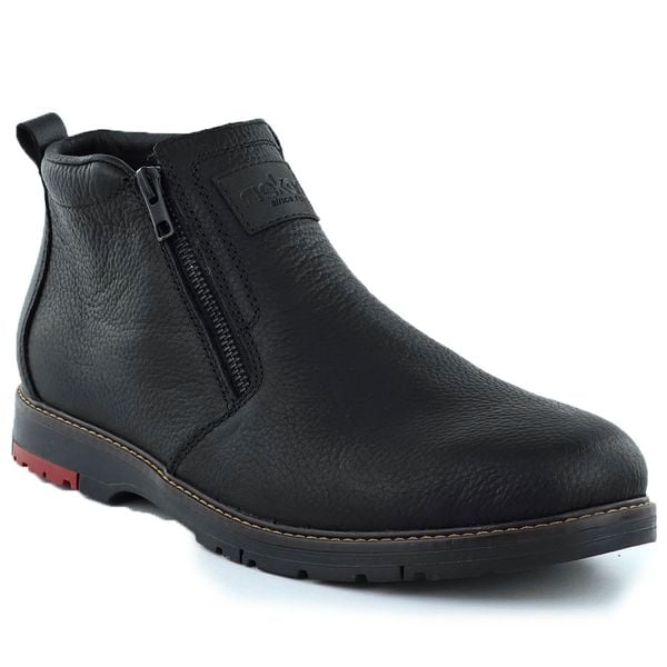 Skórzane botki trzewiki męskie czarne Rieker 10553-00. Czarne buty zimowe męskie Rieker, ze skóry, bez zapięcia. Za 278.85 zł.