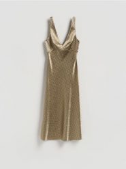 Sukienka midi w groszki - wielobarwny. Sukienki damskie Reserved, l, bez wzorów, z tkaniny, bez kołnierzyka, bez ramiączek, midi, rozkloszowane. Za 159.99 zł.