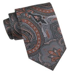 Klasyczny, Męski Krawat - Szeroki - Chattier - Ciemny Popiel i Pomarańcz, Duży Wzór. Szare krawaty i muchy męskie Chattier, bez wzorów, z tkaniny, eleganckie. Za 49.00 zł.
