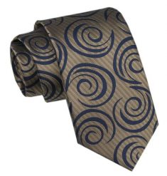 Elegancki Krawat Męski - Alties - Ciemne Złoto, Granatowy Wzór. Żółte krawaty i muchy męskie Alties, bez wzorów, z tkaniny, eleganckie. Za 49.00 zł.