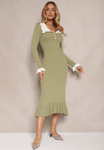 Zielona Sukienka Retro z Dzianiny z Wiskozą Zdobiona Kołnierzykiem Zihanne. Zielone sukienki damskie Renee, na co dzień, m, z aplikacjami, z dzianiny, eleganckie, bez kołnierzyka, bez ramiączek, maxi, dopasowane. Za 129.99 zł.