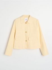 Bawełniana kurtka z kołnierzykiem i twillowym wykończeniem - żółty. Żółte kurtki damskie Sinsay, l, bez wzorów, z bawełny, bez kaptura. Za 69.99 zł.