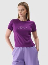 4F T-shirt slim z nadrukiem damski - fioletowy XS. Fioletowe t-shirty damskie 4f, xs, bez wzorów, z dzianiny, bez kołnierzyka. Za 29.99 zł.