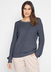 Sweter w strukturalny wzór z mieszanki bawełny. Niebieskie swetry klasyczne damskie bonprix, z bawełny, bez kołnierzyka. Za 97.99 zł.