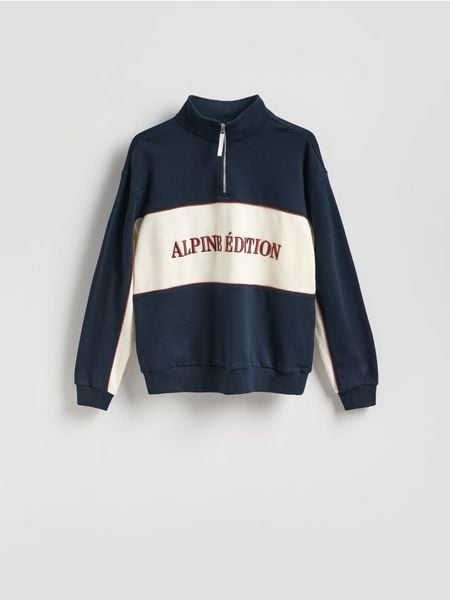 Bawełniana bluza ze stójką - granatowy. Niebieskie bluzy bez kaptura męskie Reserved, l, z bawełny. Za 149.99 zł.