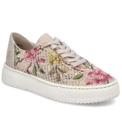 Półbuty damskie ażurowe w kwiaty beżowe Rieker N9919-91. Brązowe półbuty damskie Rieker, w ażurowe wzory, z tkaniny, bez obcasa. Za 349.00 zł.