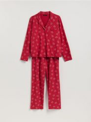 Dwuczęściowa piżama ze świątecznym nadrukiem - czerwony. Czerwone piżamy damskie Reserved, l, bez wzorów, z bawełny, bez ramiączek. W wyprzedaży za 89.99 zł.