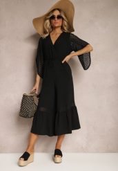 Czarny Kombinezon z Szerokimi Nogawkami Typu Dzwony z Koronką Fielara. Czarne kombinezony damskie Renee, l, bez wzorów, z koronki, eleganckie, bez kołnierzyka, bez ramiączek, długie. Za 39.99 zł.