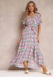 Różowa Sukienka z Wiskozy i Kopertowym Dekoltem w Fantazyjny Print Abai. Czerwone sukienki damskie Renee, na lato, l, z aplikacjami, z wiskozy, bez kołnierzyka, bez ramiączek, maxi, kopertowe. W wyprzedaży za 62.99 zł.