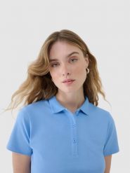 4F Koszulka polo slim damska - granatowa L. Niebieskie bluzki damskie 4f, l, bez wzorów, z bawełny, klasyczne, bez kołnierzyka, bez ramiączek. Za 89.99 zł.