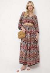 Czarno-Bordowa Długa Sukienka Rozkloszowana z Rękawami 3/4 we Wzór Paisley Amarethia. Czarne sukienki damskie Born2be, l, bez wzorów, boho, bez kołnierzyka, bez ramiączek, maxi, rozkloszowane. W wyprzedaży za 87.99 zł.