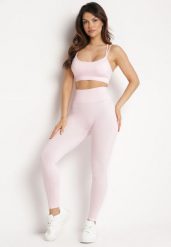 Jasnoróżowy Komplet Sportowy Biustonosz na Ramiączkach i Legginsy z Gumką w Pasie Nadlira. Czerwone biustonosze sportowe damskie Born2be, bez wzorów. Za 79.99 zł.