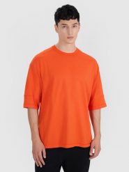 4F T-shirt oversize gładki męski - pomarańczowy L. Brązowe t-shirty męskie 4f, l, bez wzorów, z bawełny, bez kołnierzyka. W wyprzedaży za 39.99 zł.