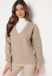 Beżowa Bawełniana Bluza z Dekoltem w Serek Gitra. Brązowe bluzy bez kaptura damskie Born2be, z bawełny. Za 89.99 zł.