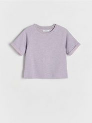 Dzianinowy t-shirt - lawendowy. Fioletowe koszulki dziewczęce Reserved, bez wzorów, z bawełny, bez ramiączek. W wyprzedaży za 15.99 zł.