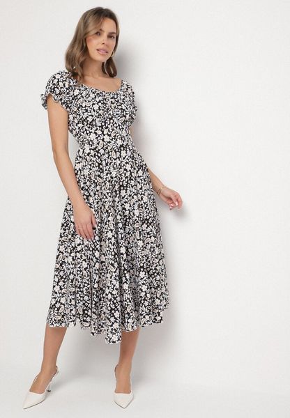 Czarna Sukienka Rozkloszowana w Kwiaty z Bawełną i Bufkami Sanirla. Czarne sukienki damskie Born2be, l, bez wzorów, z bawełny, bez kołnierzyka, bez ramiączek, midi, rozkloszowane. Za 64.99 zł.