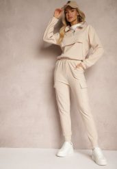 Beżowy Komplet Dresowy Bluza z Suwakiem i Kołnierzem i Spodnie z Kieszeniami Cargo Taigena. Brązowe bluzy bez kaptura damskie Renee, m, z dresówki. Za 74.99 zł.
