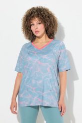 Damskie T-shirt funkcyjny wzór fali dekolt V rękaw 1/2. Zielone t-shirty damskie Ulla Popken, plus size, bez wzorów, z elastanu, bez kołnierzyka. Za 139.99 zł.