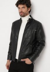 Czarna Kurtka w Stylu Ramoneski Ozdobiona Przeszyciami i Paskami na Napy Zaimira. Czarne kurtki męskie Born2be, l, bez wzorów, z jeansu, eleganckie, bez kaptura. Za 229.99 zł.