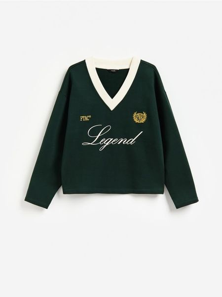 Bawełniana bluza z haftem - zielony. Zielone bluzy bez kaptura męskie Reserved, l, z bawełny. Za 129.99 zł.