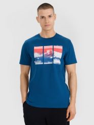 4F T-shirt regular z nadrukiem męski - turkusowy L. Niebieskie t-shirty męskie 4f, l, bez wzorów, z bawełny, bez kołnierzyka. Za 69.99 zł.