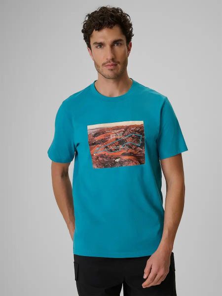 T-shirt regular z nadrukiem męski 4F 4FRSS26TTSHM4238. Niebieskie t-shirty męskie 4f, l, bez wzorów, z bawełny, bez kołnierzyka. Za 45.99 zł.