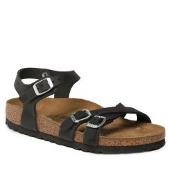 Sandały Birkenstock. Czarne sandały damskie Birkenstock, bez wzorów, bez obcasa, na płaskiej podeszwie. Za 579.99 zł.