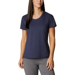 Koszulka z krótkim rękawem Sun Trek SS Tee - niebieska. Niebieskie bluzki damskie Columbia, l, bez wzorów, z bawełny, sportowe, bez kołnierzyka, bez ramiączek. W wyprzedaży za 125.00 zł.
