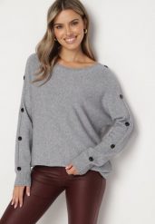 Szary Sweter z Dodatkiem Bawełny i Wiskozy z Guzikami na Rękawach Ciasine. Szare swetry klasyczne damskie Born2be, l, z bawełny, bez kołnierzyka, plus size. Za 74.99 zł.