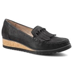 Półbuty damskie Simen, na niskiej koturnie i z ozdobnymi frędzlami na cholewce, czarne, 0769-S04-Perf-K-W-Nero. Czarne czółenka damskie Simen, z aplikacjami, biznesowe, bez obcasa, na koturnie. Za 199.00 zł.