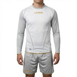 Mężczyzna Piłka Nożna Koszulka Długie Rękawy Poliester Biało-Srebrny Model. Białe t-shirty sportowe męskie Legea, m, z materiału, bez ramiączek, outdoorowe. Za 56.00 zł.