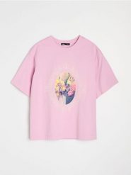 Bawełniana koszulka z motywem kwiatowym - różowy. Czerwone t-shirty damskie Sinsay, l, bez wzorów, z bawełny, bez kołnierzyka. Za 25.99 zł.