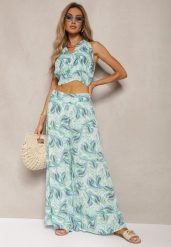 Zielony Komplet Boho z Bawełny Krótki Top na Ramiączkach z Gumką Szerokie Spodnie Rasida. Zielone spodnie materiałowe damskie Renee, bez wzorów, z bawełny, boho. Za 74.99 zł.