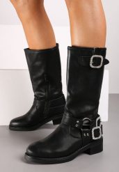Czarne Płaskie Botki w Stylu Biker z Cyrkoniami i Klamrami Arklena. Czarne botki damskie Born2be, na zimę, eleganckie, bez obcasa, na płaskiej podeszwie, bez zapięcia. Za 169.99 zł.