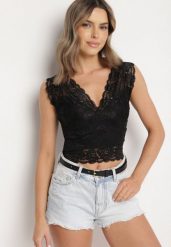 Czarny Koronkowy Top z Dekoltem w Serek Nitasena. Czarne topy damskie Born2be, l, bez wzorów, z jeansu, bez kołnierzyka. Za 39.99 zł.