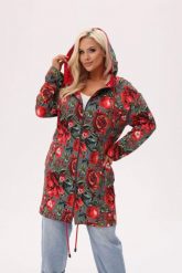 Bluza z kapturem Granada - print w owoce granatu i kwiaty piwonii PLUS SIZE XXL OVERSIZE. Czerwone bluzy z kapturem damskie Moda Size Plus Iwanek, na jesień, plus size, z bawełny. Za 329.90 zł.