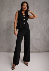 Czarny Komplet z Wiskozą Szerokie Spodnie i Kamizelka z Aplikacjami 3D Hirimi. Czarne spodnie materiałowe damskie Renee, z aplikacjami, z wiskozy, eleganckie. Za 139.99 zł.