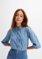 Bluzka dżinsowa z rękawami bufkami, z bawełny organicznej. Niebieskie bluzki damskie bonprix, bez wzorów, z bawełny, bez kołnierzyka, bez ramiączek. Za 129.99 zł.