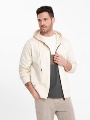Męska bluza dresowa BASIC rozpinana z kapturem - kremowa V11. Białe bluzy z kapturem męskie Ombre Clothing, m, z bawełny. Za 209.99 zł.