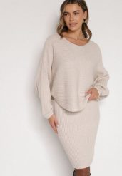 Ciemnobeżowy Dzianinowy Komplet Prążkowany Sukienka i Sweter o Kroju Nietoperz Wederela. Brązowe swetry klasyczne damskie Born2be, m, z dzianiny, bez kołnierzyka. Za 139.99 zł.