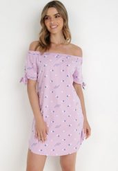 Fioletowa Sukienka Hermusa. Fioletowe sukienki damskie Born2be, na lato, s, z aplikacjami, z bawełny, bez kołnierzyka, bez ramiączek, mini. W wyprzedaży za 55.99 zł.