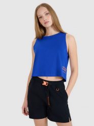 4F Top z nadrukiem damski - niebieski XS. Niebieskie topy damskie 4f, xs, bez wzorów, z bawełny, bez kołnierzyka. W wyprzedaży za 29.99 zł.
