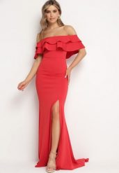 Czerwona Elegancka Sukienka Typu Hiszpanka z Rozkloszowanym Dołem i Wycięciami Tumini. Czerwone sukienki damskie Born2be, na imprezę, l, bez wzorów, eleganckie, bez kołnierzyka, bez ramiączek, maxi, dopasowane. Za 199.99 zł.