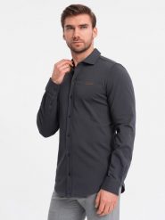Męska bawełniana koszula REGULAR z dzianiny single jersey - grafitowa V6. Szare koszule męskie Ombre Clothing, m, bez wzorów, z bawełny, bez kołnierzyka, bez ramiączek. W wyprzedaży za 79.99 zł.
