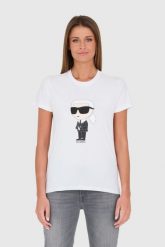 KARL LAGERFELD Biały t-shirt Karl. Białe t-shirty damskie Karl Lagerfeld, s, bez wzorów, z bawełny, bez kołnierzyka. W wyprzedaży za 197.99 zł.