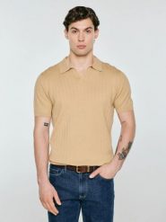 Sweter męski polo z krótkim rękawem beżowy Matisonis 801. Brązowe swetry męskie Big Star, l, bez wzorów, z bawełny, bez kołnierzyka. Za 159.99 zł.