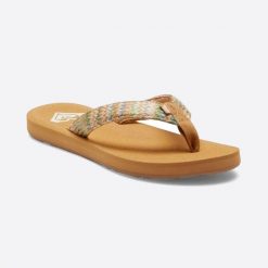 Japonki damskie Roxy Porto Raffia. Brązowe klapki damskie Roxy, bez wzorów, z bawełny, bez obcasa. Za 129.99 zł.
